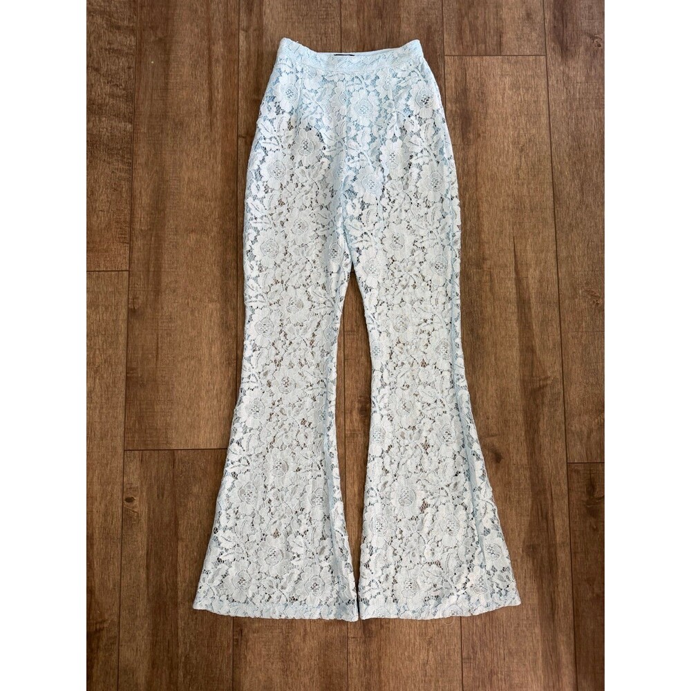 NWT PrettyLittleThing Light Blue Sheer Floral Lace Flare Pants Size 4 US